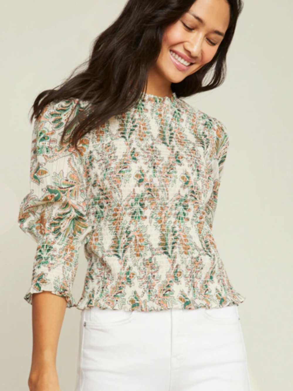 Veronica Beard Kali Floral Smocked Boho Cotton Blouse Top Size 6